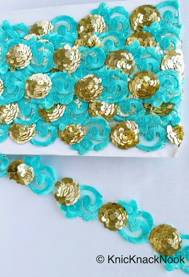 Wholesale Blue Lace Trim, Tissue Fabric Cutwork With Floral Embroidery & Gold Sequins, Indian Embroidery